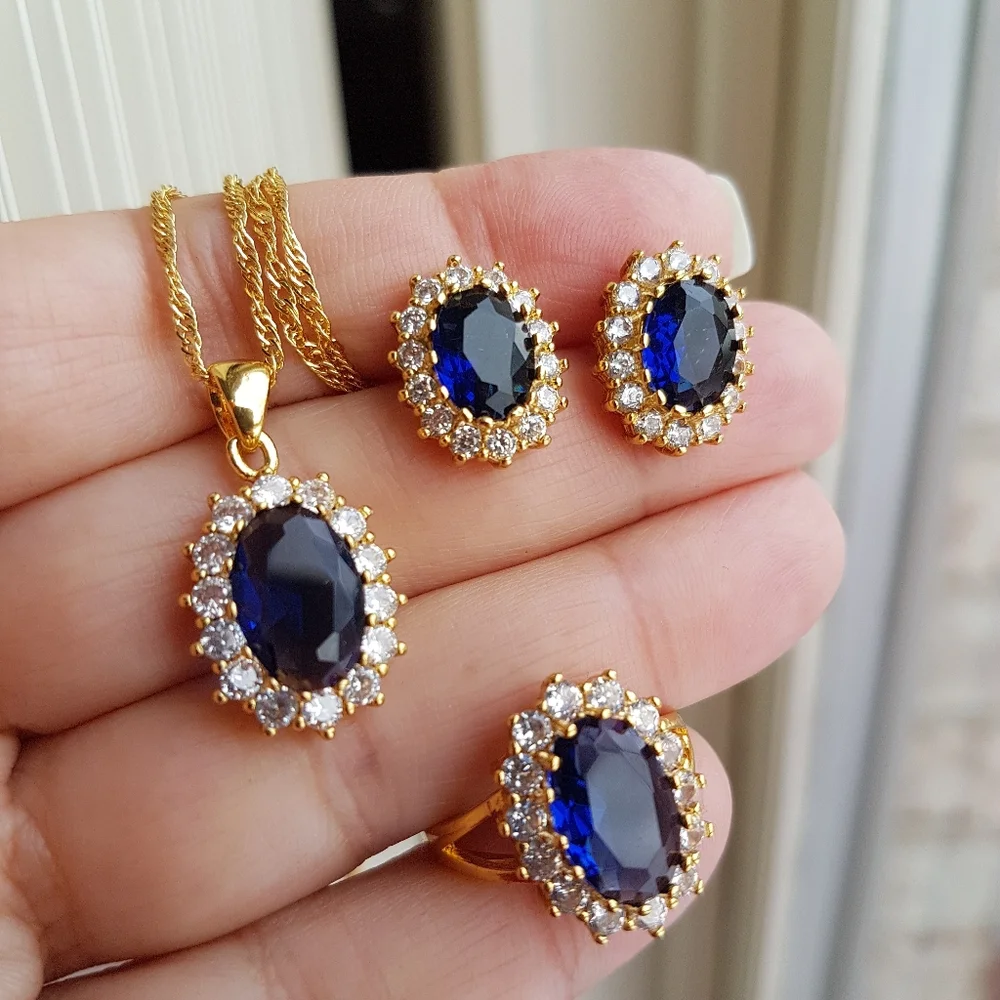 Swarovski Elements Gold 925 Sterling Silver Blue Sapphire Diana Oval Ring NEW